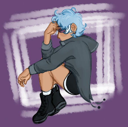 a fullbody digital drawing of a character curled up with one hand on their head and one stretched out.