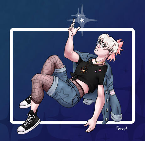 shaded fullbody of a character drifting in frame, holding their right arm up to grab at some stars.