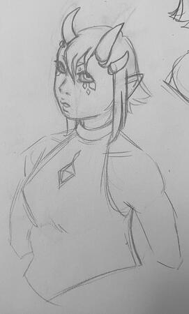 a sketch bust draw with pencil on paper. The character has three horns, black sclera, and diamond-shaped markings under their eyes. They are wearing a skin-tight shirt with no sleeves, it has a diamond embedded in the chest