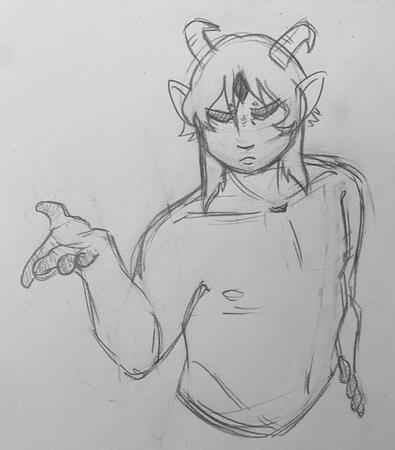 sketch drawing made with pencil on paper. The character has his right hand outstretched, the other hand is on his hip. He has horns, pointy ears, and three eyes with black sclera. He has no shirt.