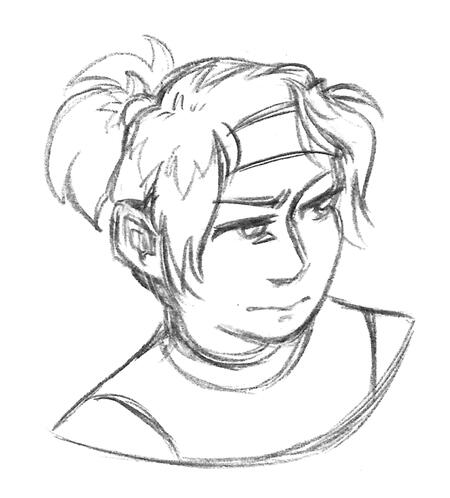 sketch headshot of a character looking focused, their hair is in a ponytail with their forehead covered by a headband.