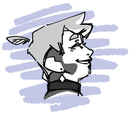 sketch headshot of a character facing right and smiling with eyes closed.